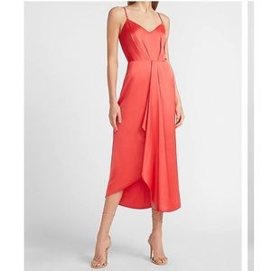 Express Satin V-Neck Asymmetrical Midi Dress